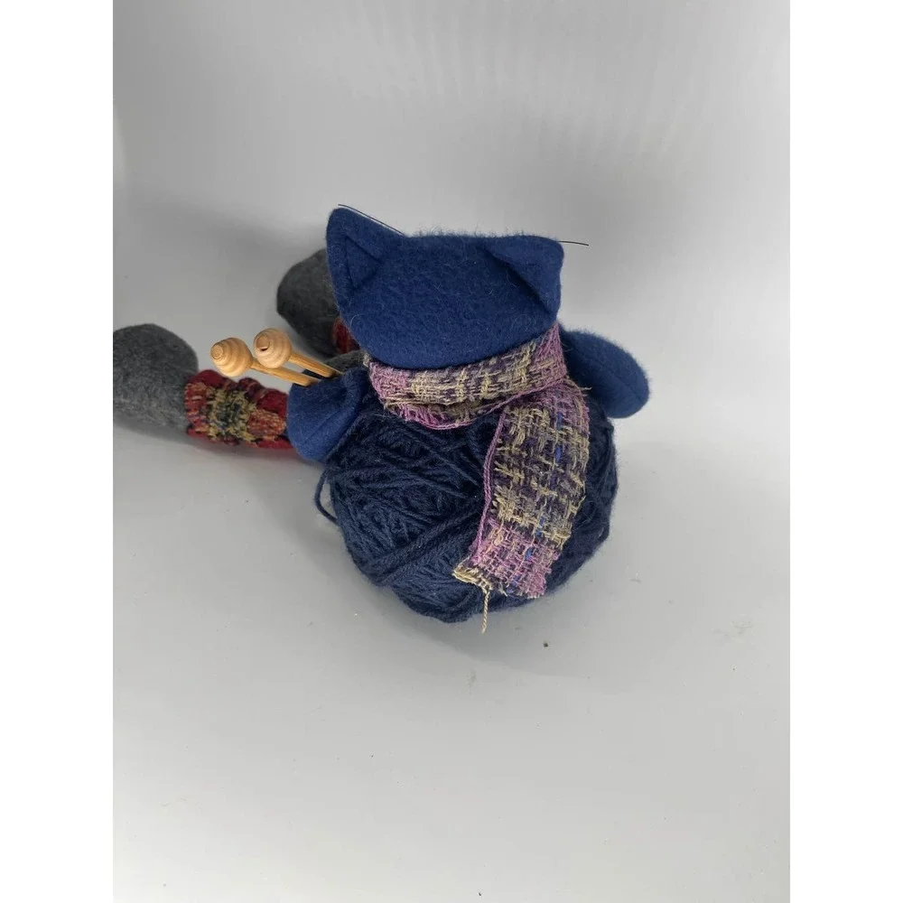 Charming Group Blue Felt Knitting Cat Figurine with Wooden Needles 15 Inch